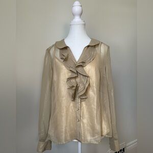 NWT PETER NYGARD Deadstock Gold Shimmer Ruffle Sheer Blouse Size 10